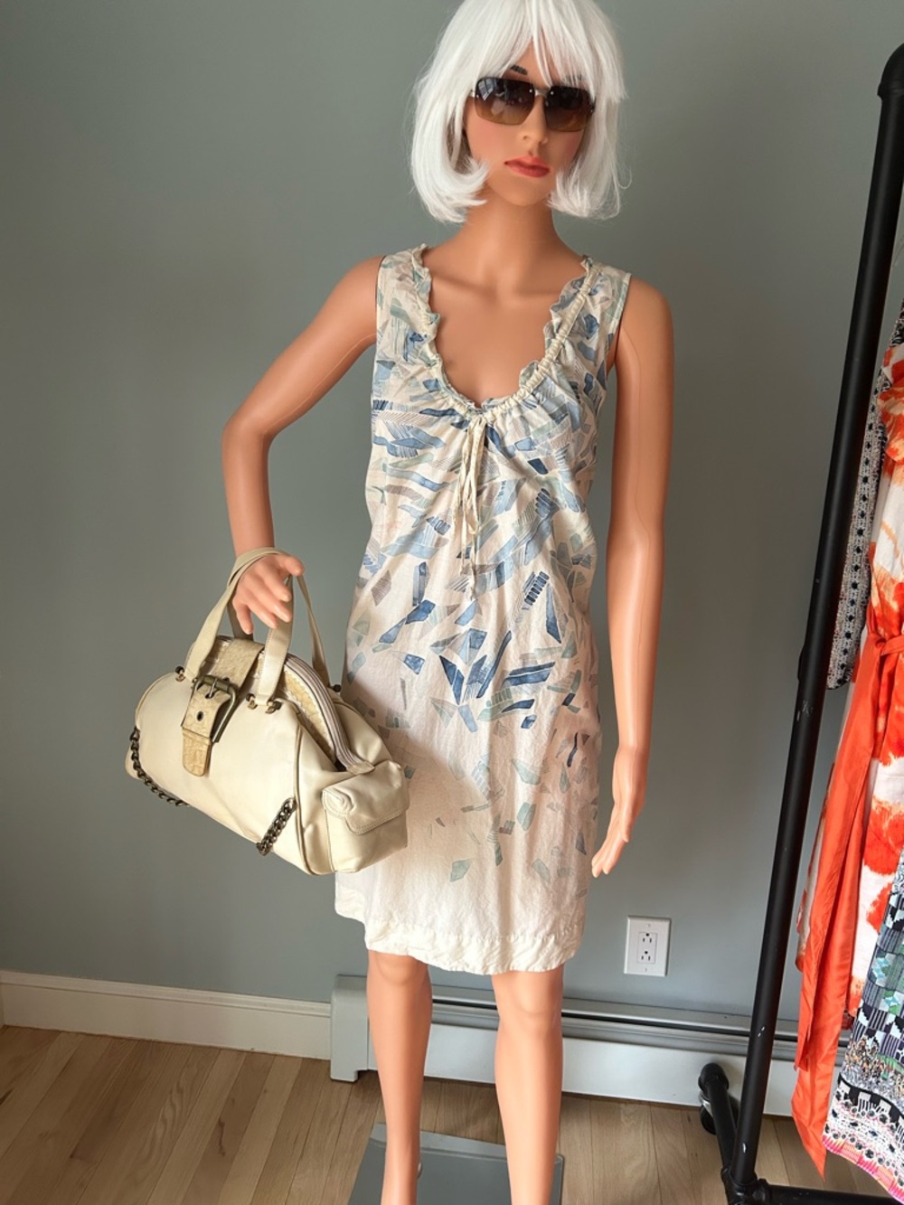 Lilka for Anthropologie Sleeveless Cream and Blue Printed Summer Dress
